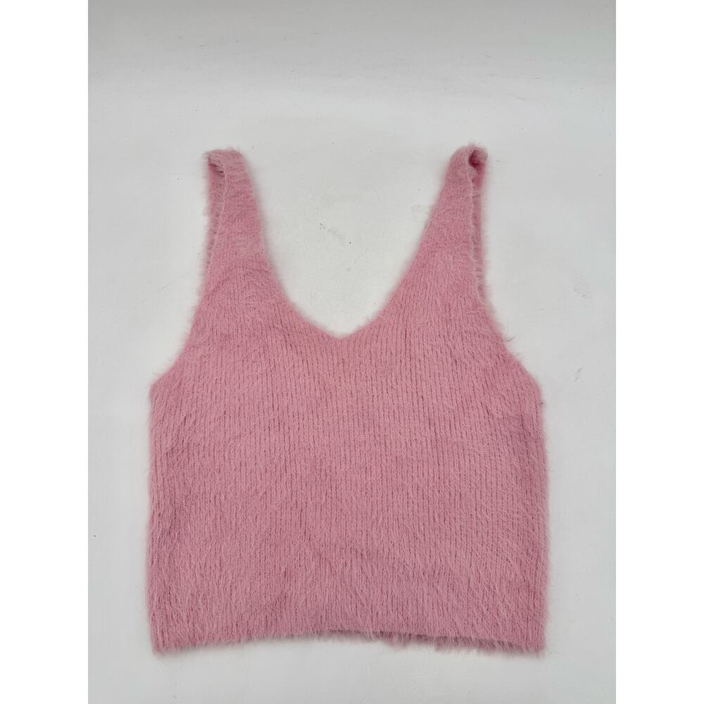IRIS Pink Fuzzy Eyelash Knit Crop Tank Top Size L Y2K Soft Girl Cozy